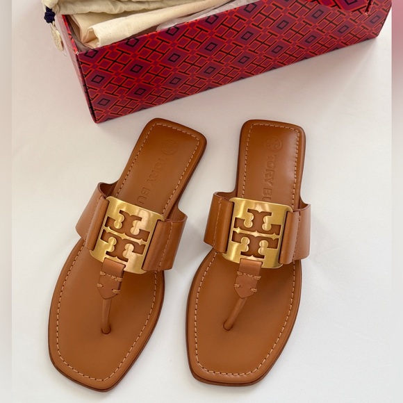 NWT Tory Burch Georgia Calf Leather Sandals, Aged Camello...